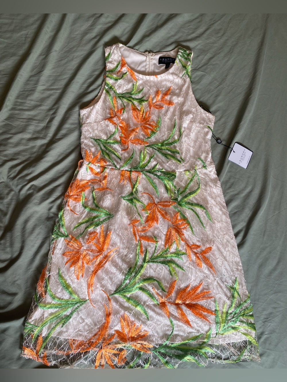 Laundry By Shelli Segal Cream Dress with Green and Orange Embroidery NWT